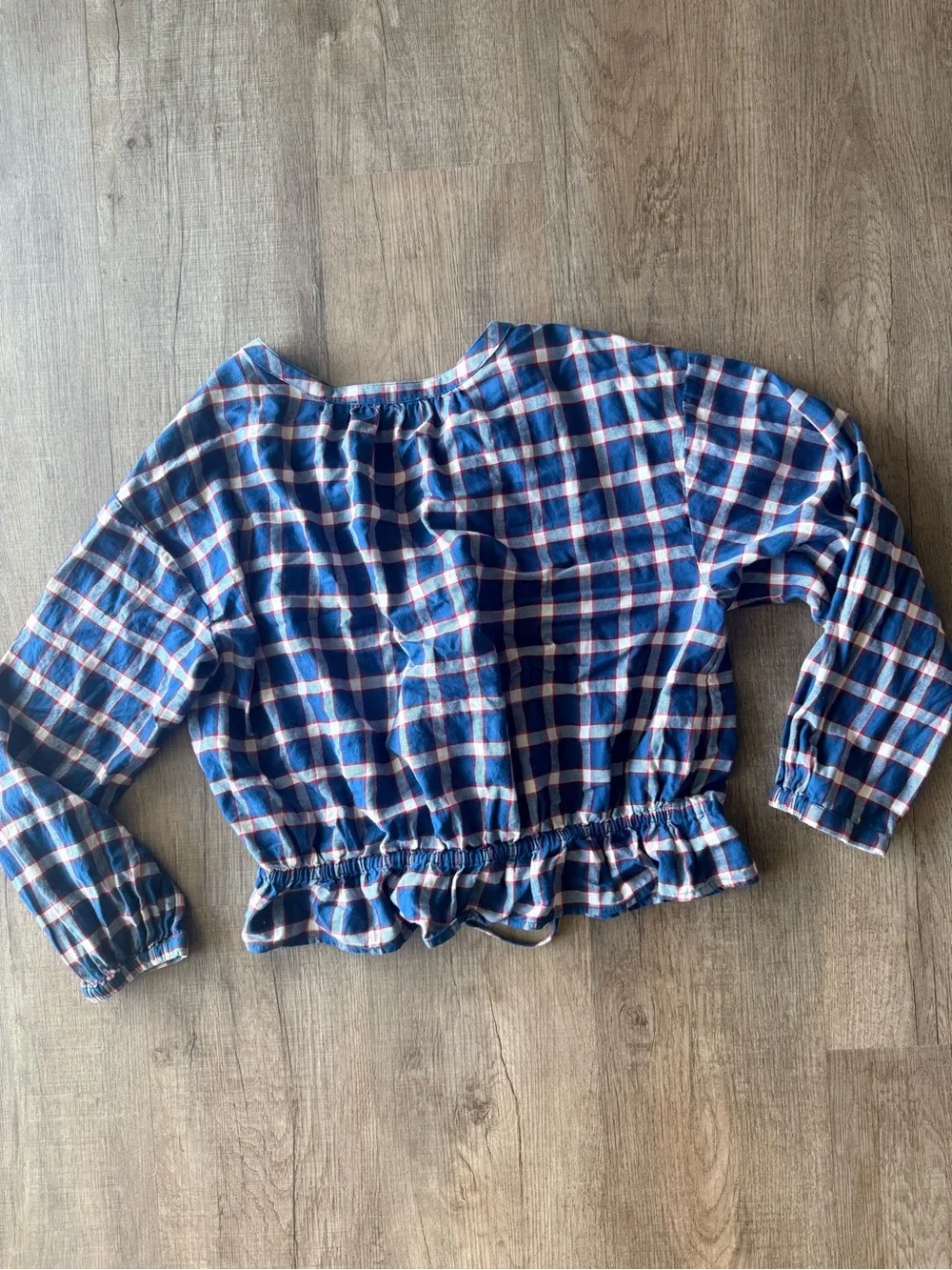 Loft Blue Plaid Midi Length Drawstring Top